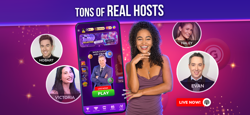 Live Play Bingo: Real Hosts! - Promotional banner for Live Play Bingo featuring several real human hosts and a mobile phone displaying the live game interface