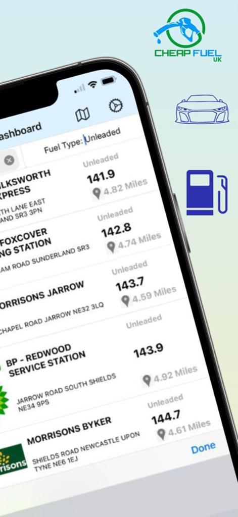 Cheap Fuel UK - Dashboard of Cheap Fuel UK app showing a list of unleaded fuel prices and station locations
