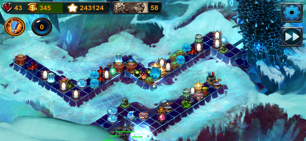 Gameplay screenshot of Element TD showing strategic tower defense on a winter map