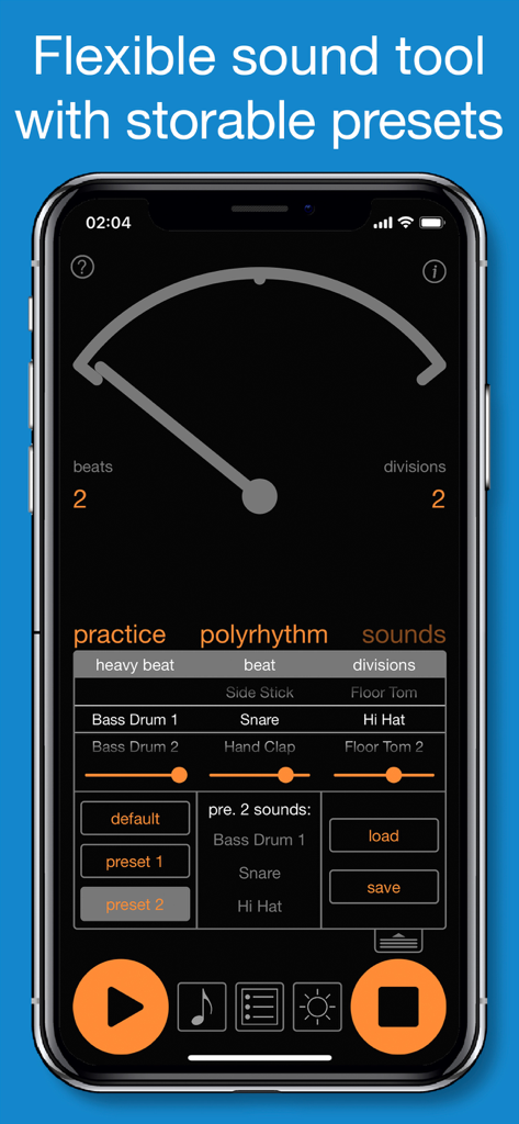 Rhythm+ - Interfaz de la aplicación Rhythm+ que muestra la personalización del sonido del metrónomo y los ajustes preestablecidos que se pueden guardar