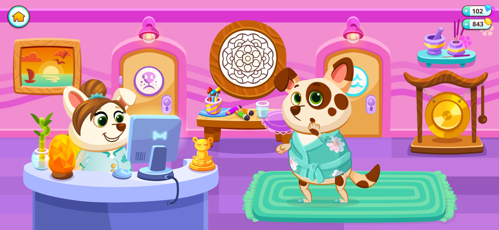 Duddu - My Virtual Pet Dog - Duddu, o cão virtual, usando um roupão em uma cena de spa e salão de beleza.