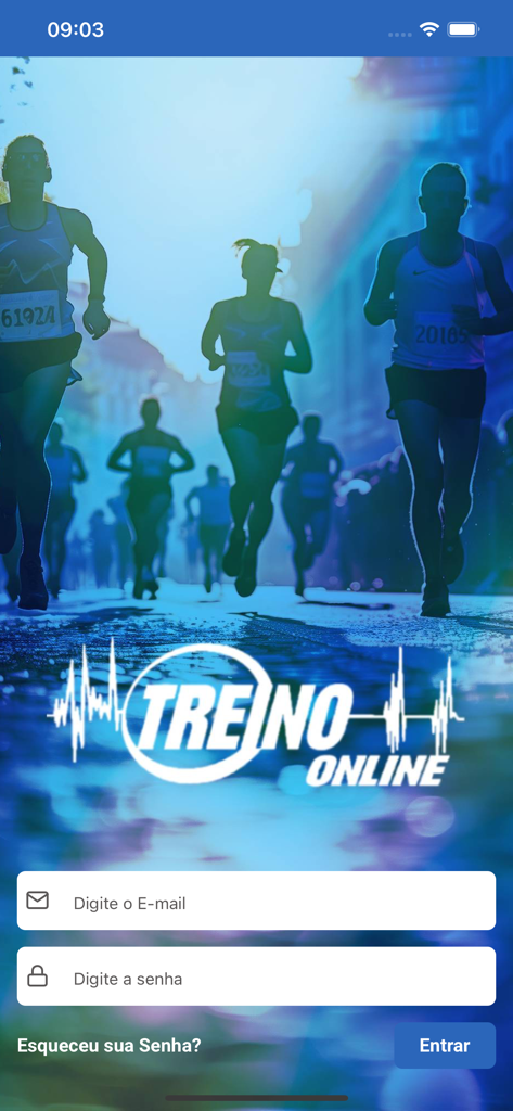 Treino Online for Coach - Login page of the Treino Online for Coach app featuring a background of runners and email and password input fields