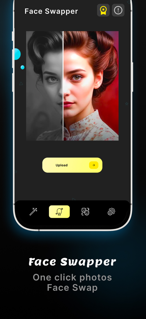 AI Face Swapper feature interface showing a portrait comparison and upload button