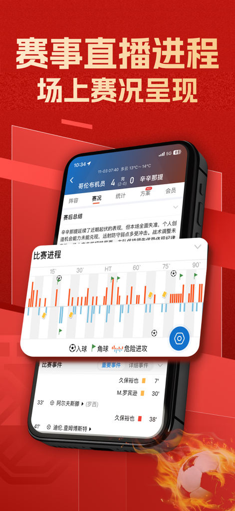 新球體育-看足球賽事直播 - Xinqiu Sports mobile app displaying real-time soccer match stats and live event timeline.