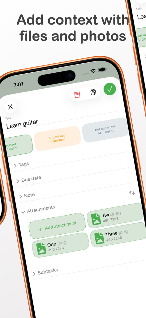 4.Do - Task, To do, Goal list - Pantalla de detalles de la tarea en la aplicación 4.Do mostrando archivos adjuntos de imágenes y cargas de archivos para una tarea de lección de guitarra.