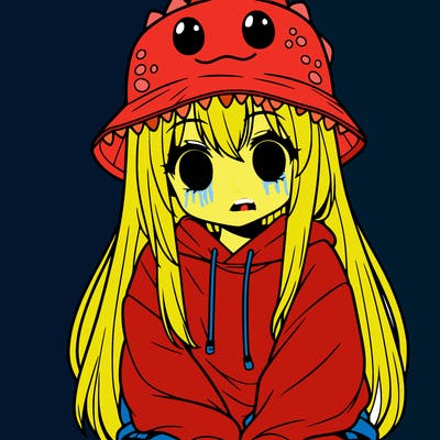 girl with anime shaped eyes with a dinosaur bucket hat oversized sweatshirt long straight hair