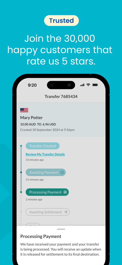 OrbitRemit mobile app interface showing real-time tracking of a money transfer from AUD to USD