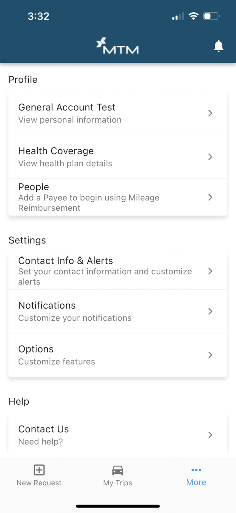 MTM Link Member - Settings menu of the MTM Link Member app showing profile health coverage and notification options