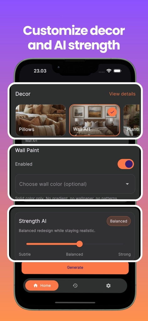 Bedroom Design AI Planner - A smartphone screen showing the Bedroom Design AI Planner app with options to customize decor, wall paint, and AI strength.
