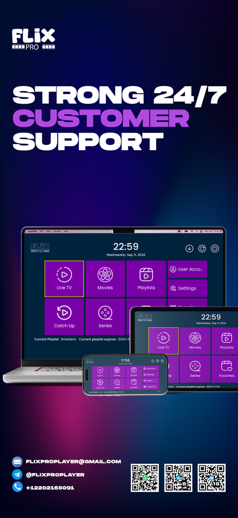 Flix Pro Player - Flix Pro Player application interface shown on laptop tablet and phone with 24/7 customer support contact details and QR codes