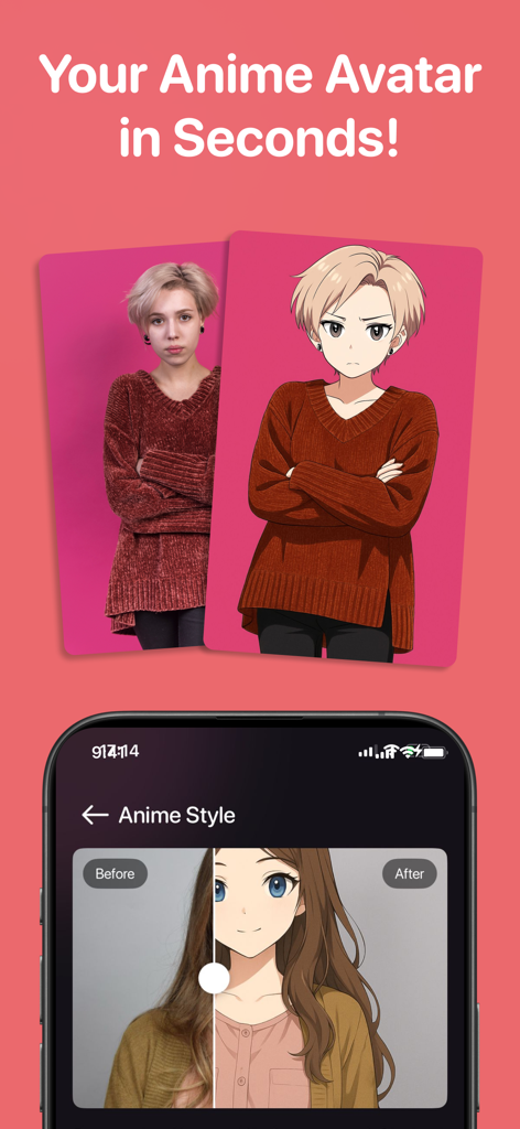 PepAI - Your Daily Companion - PepAI app screenshot showing a before and after comparison of a portrait photo transformed into an anime avatar.