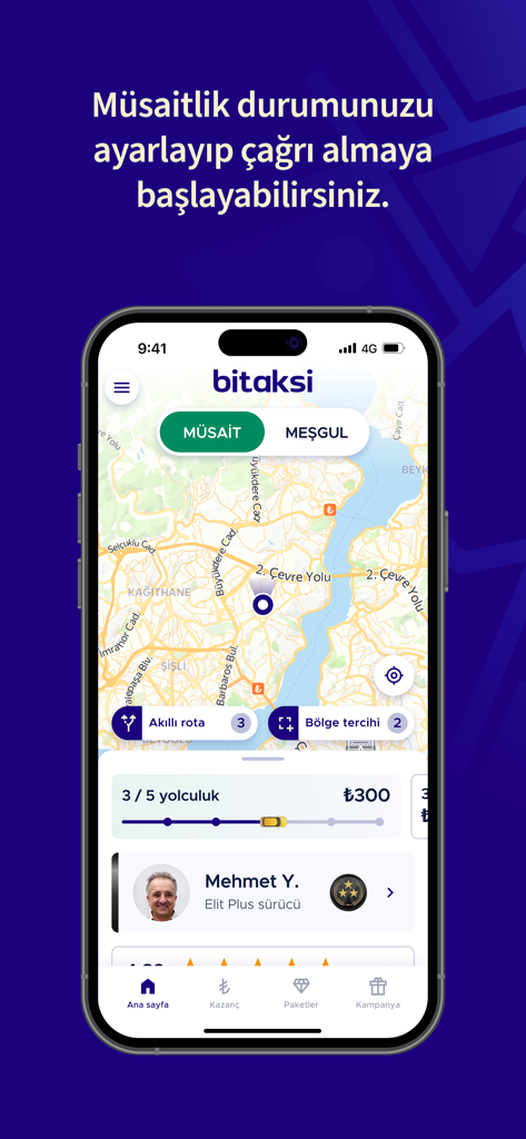Bitaksi Sürücü Uygulaması - Pantalla principal de la aplicación BiTaksi Driver que muestra el mapa y el estado de disponibilidad