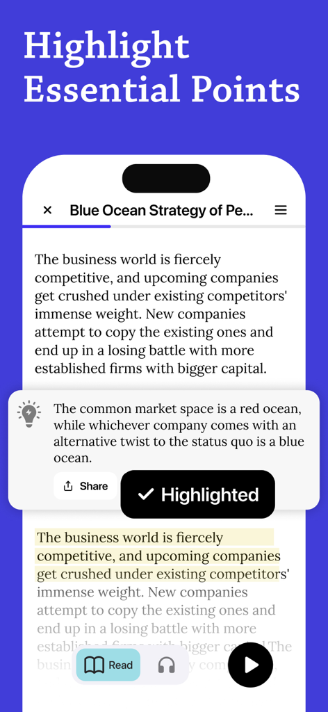 Interfaz de la aplicación Sparkle para resaltar puntos esenciales en resúmenes de libros
