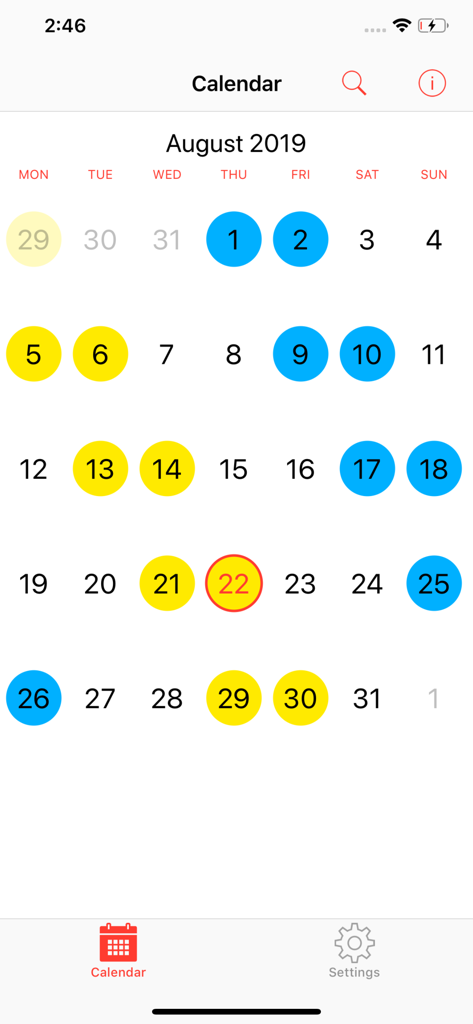 Flexitime - Flexitime app monthly calendar view showing color coded work shift patterns
