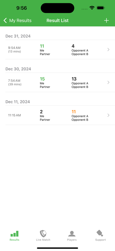 A list of past pickleball match results in the Pickleball Score Keeper app displaying scores, dates, and match duration.