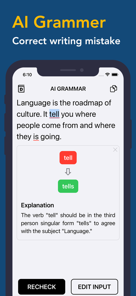 AI grammar checker interface correcting a sentence in the Dictionary and Translator app.