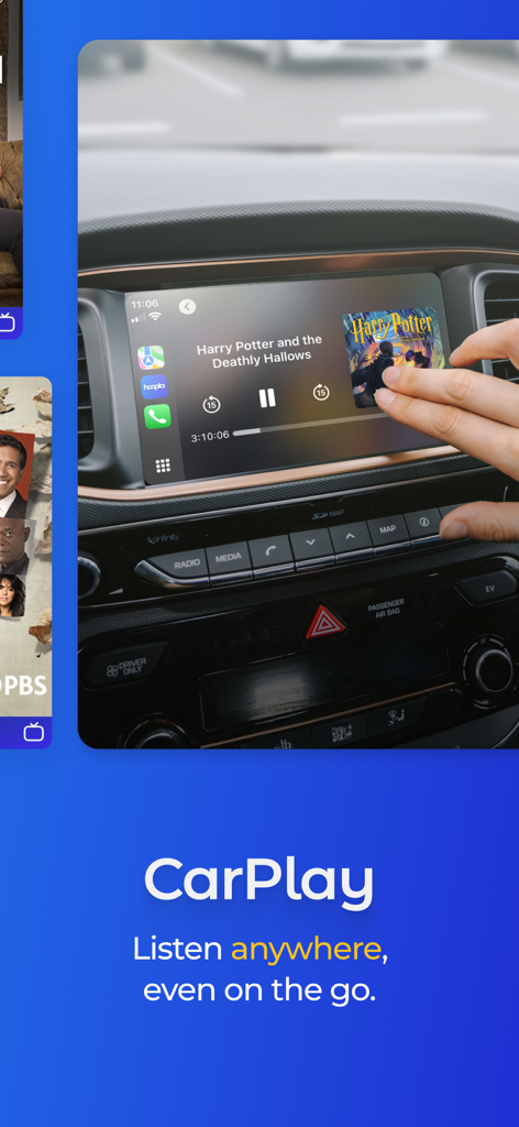 Hoopla Digital app playing an audiobook on a car dashboard via Apple CarPlay integration.