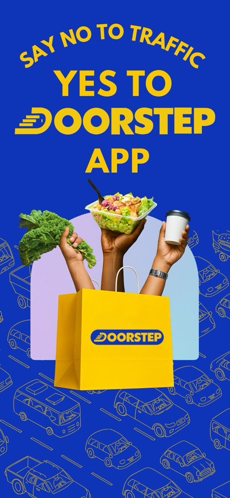 Doorstep JA Food Delivery - Doorstep JA promotional graphic featuring food items and a shopping bag with a message to avoid traffic