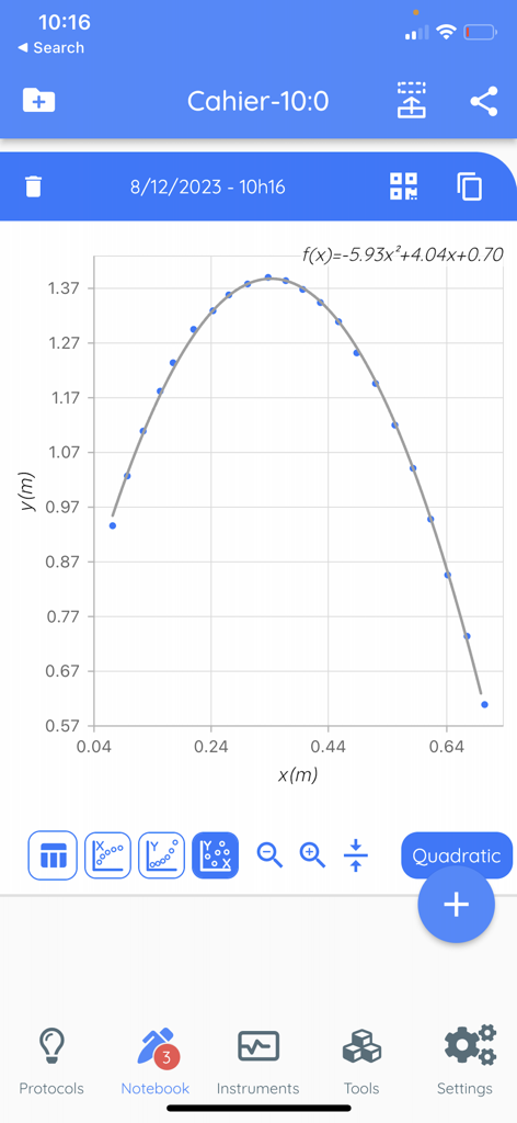 FizziQ - Scientific notebook in the FizziQ app displaying a parabolic motion graph with quadratic regression and data points for a physics experiment.