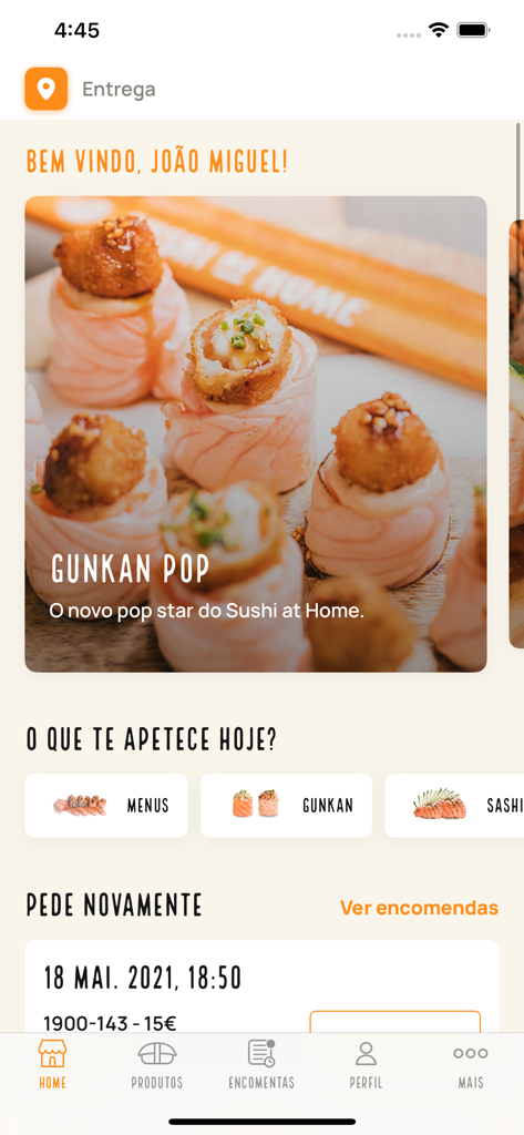 Ecrã inicial da app móvel Sushi em Casa exibindo opções do menu de sushi e o prato Gunkan Pop em destaque.
