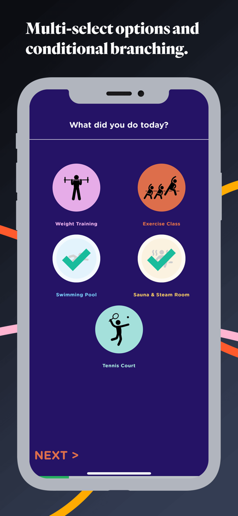 Surveyapp - Smiley Surveys - Schermo del sondaggio di selezione multipla di Surveyapp che mostra una domanda di sondaggio a selezione multipla con icone per attività di palestra