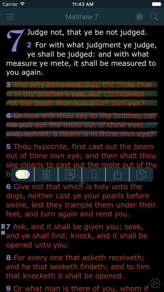 Bible Offline with Red Letter - Bible app interface with red letter text showing Matthew chapter seven.