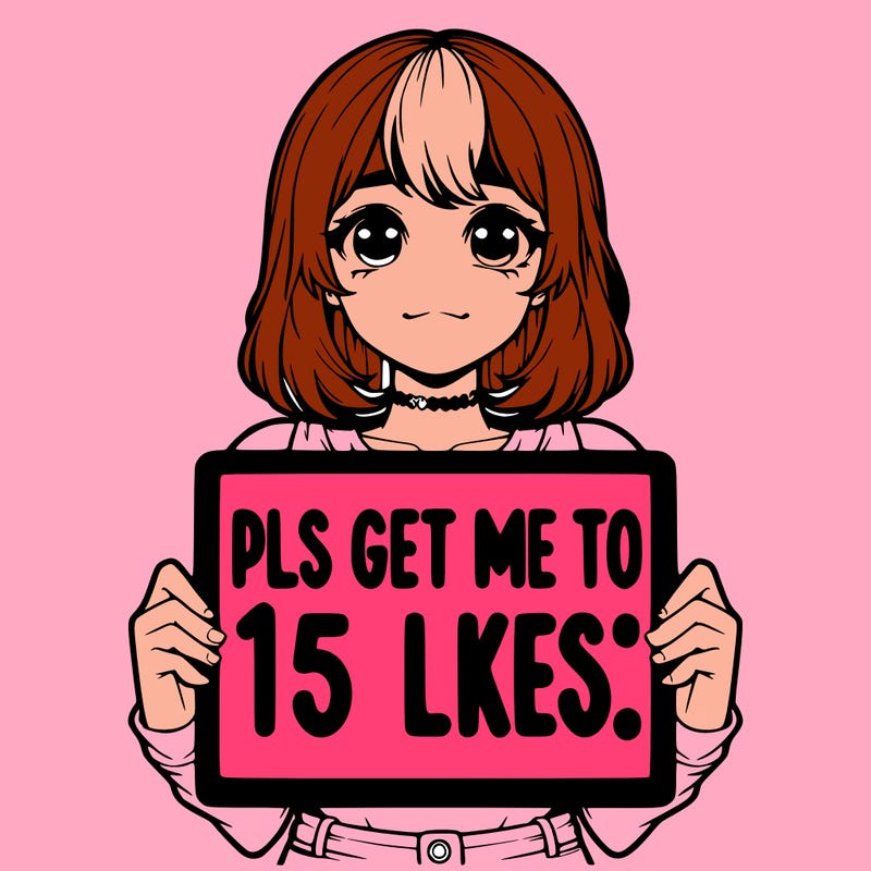 realistic girl holding up a sign that says “pls get me to 15 likes!”