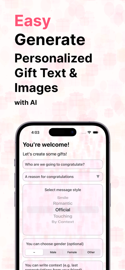 Gift Text - Create your own - Interface of the Gift Text app for generating personalized AI messages and gift images with various style options like romantic and official.