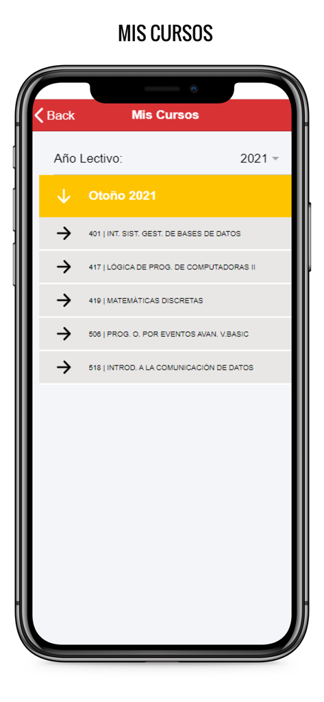 UaApp student course list screen showing Fall 2021 semester subjects
