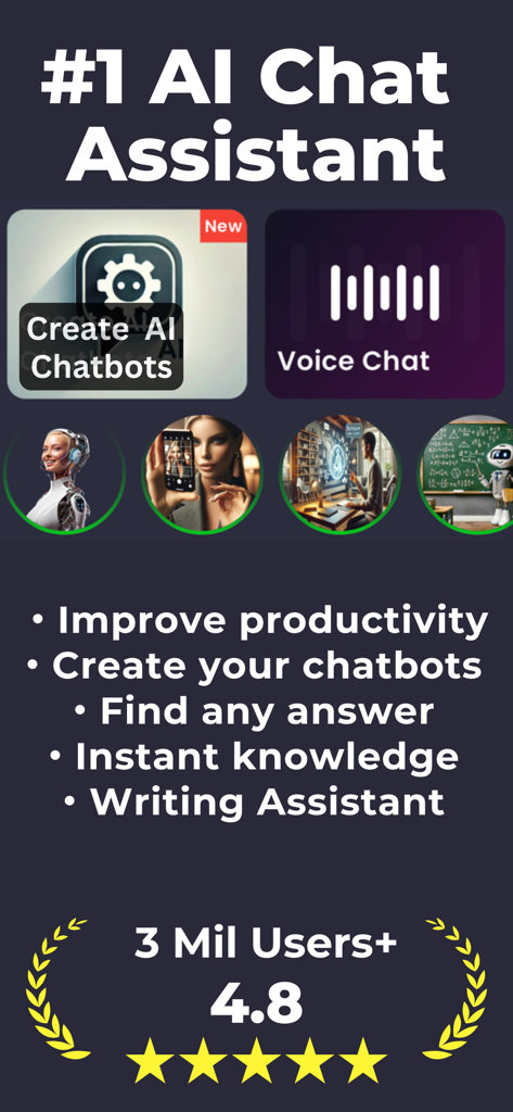 PowerBrain AI Chat 앱 인터페이스, 음성 채팅 챗봇 생성 및 높은 사용자 평가를 받은 글쓰기 도우미 기능 표시
