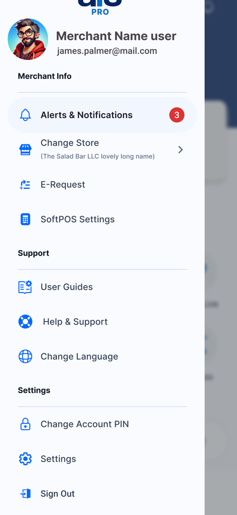 AFS Pro - Merchant dashboard sidebar menu in the AFS Pro app showing account navigation and settings