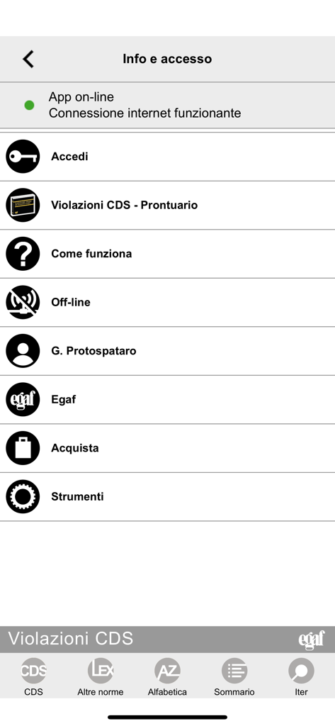 Main information and access menu screen for the Violazioni CDS traffic law application