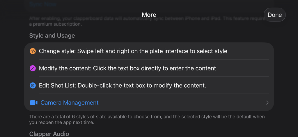 ClapperBoard - Scene Tracker - Instruction menu for ClapperBoard app showing style and content editing options