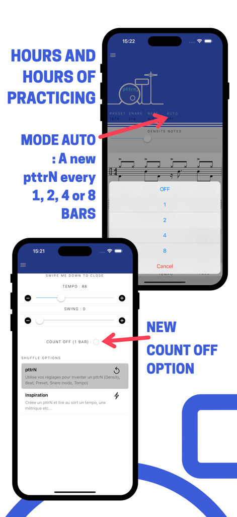 pttrN for drummers - Interfaz de la aplicación pttrN para bateristas mostrando el cambio automático de patrones y las opciones de cuenta atrás