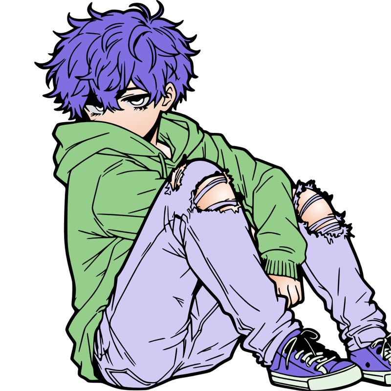 a male hoddie ripped jeans messy hair anime