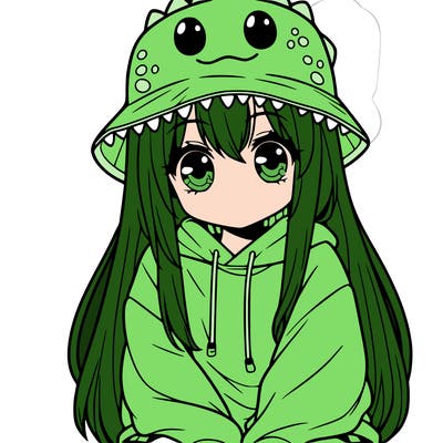 girl with anime shaped eyes with a dinosaur bucket hat oversized sweatshirt long straight hair