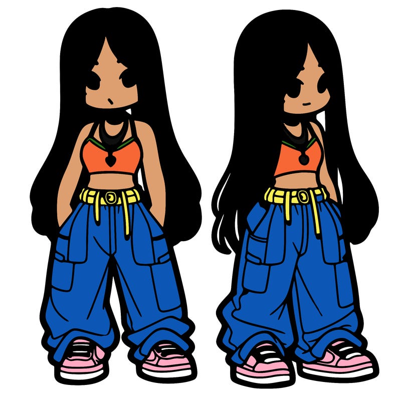 girl in baggy pants crop top and long hair