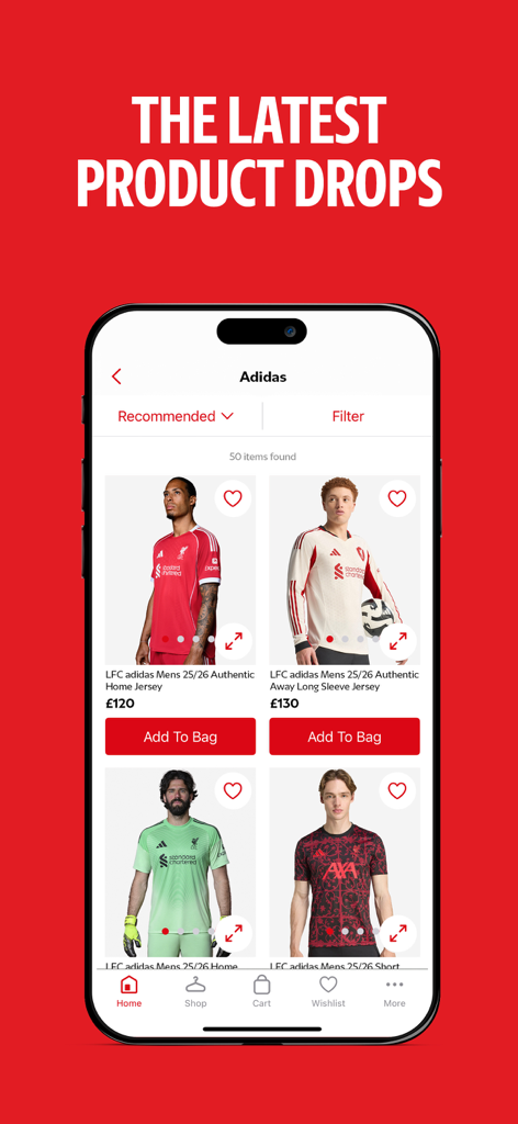 L'application de la boutique officielle du Liverpool FC montrant les derniers maillots Adidas et les nouveautés en matière d'équipement d'entraînement.