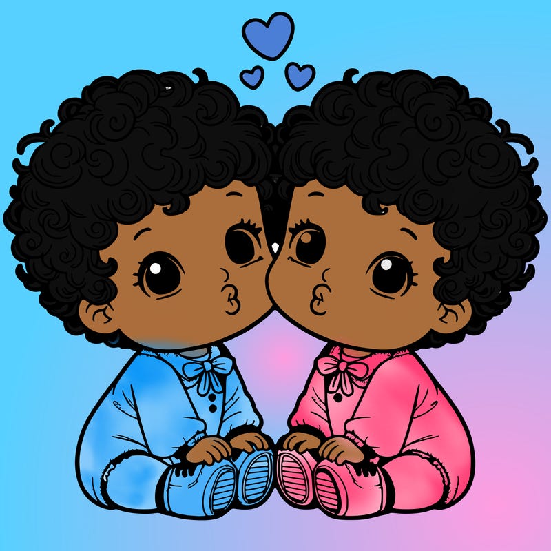 baby twins with curly hair wearing same outfit and one kissing the other on cheek