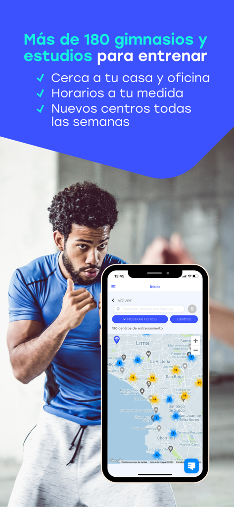 Monkeyfit - Monkeyfit app screen displaying a map of affiliated gyms and studios