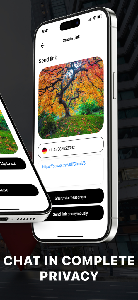 Geo Tug: GPS Track Location - Geo Tug app screen showing a private location sharing link with options to share via messenger or anonymously.