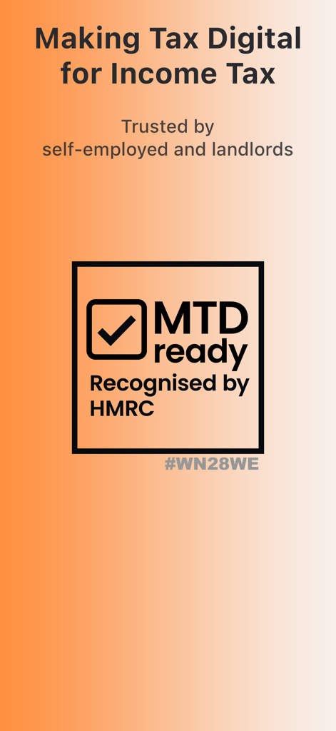 Uma tela laranja e branca apresentando o logotipo Making Tax Digital for Income Tax e o selo de reconhecimento da HMRC.