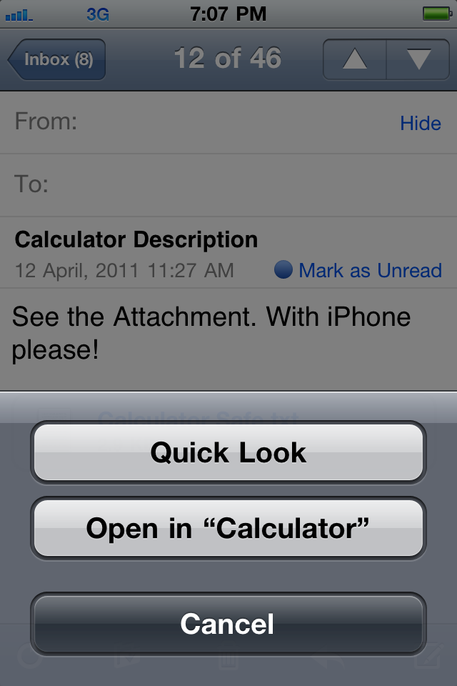 Calculator SAFE – Protect Private Photo & Documents - Interfaz de correo de iOS mostrando una opción para abrir un archivo adjunto en Calculadora OCULTA