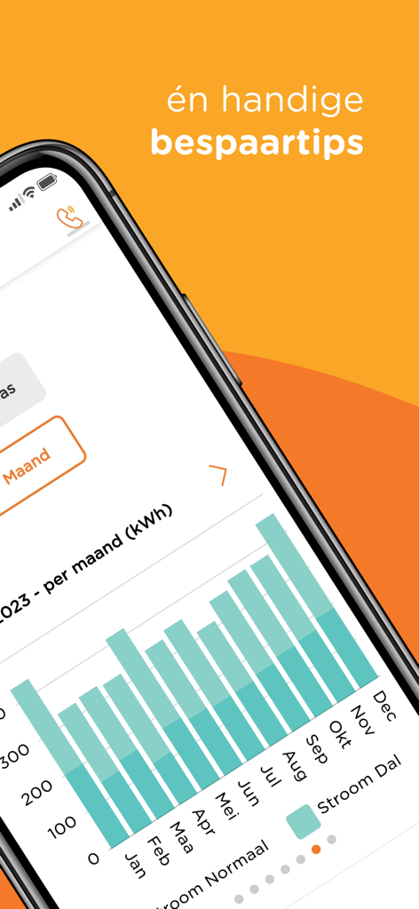 Smartphone screen showing a monthly energy consumption bar graph in the UnitedConsumers app.