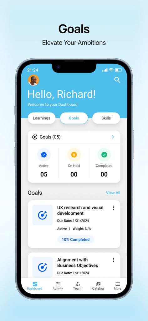 Cornerstone Saba - Cornerstone Saba mobile app dashboard showing professional goal tracking and business objectives for corporate employees.