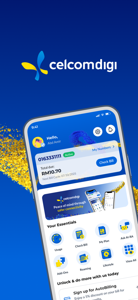 CelcomDigi mobile app home screen displaying account balance and service shortcuts