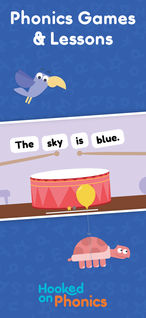 Hooked on Phonics app screen showing a reading game with the sentence The sky is blue and animated animal characters