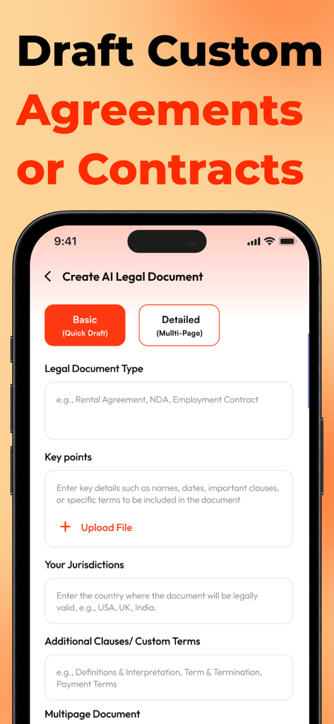 AI Legal Documents Generator - Interfaz de aplicación móvil mostrando opciones para redactar acuerdos y contratos legales personalizados con IA.