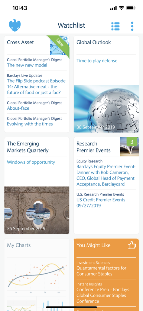 Barclays Live - Barclays Live mobile app dashboard featuring institutional market research and global outlook reports