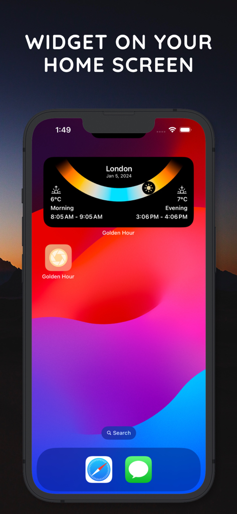 An iPhone home screen displaying the Golden Hour app widget with photography times and sun position for London.